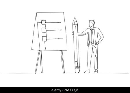 Dessin animé de l'homme d'affaires présenter le plan d'action avec la liste de contrôle étape sur le concept de tableau blanc de la procédure. Un design de style art continu Illustration de Vecteur