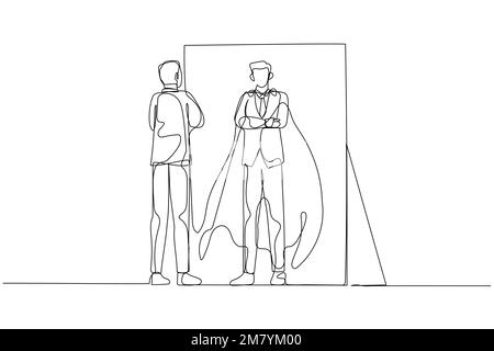 Illustration de l'homme d'affaires reflète l'auto-portrait dans la force intérieure dans le miroir. Design unique en continu Illustration de Vecteur