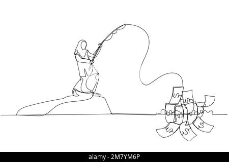 Dessin animé de la femme musulmane de pêche de l'argent concept de la recherche de profit. Design unique de style art continu Illustration de Vecteur