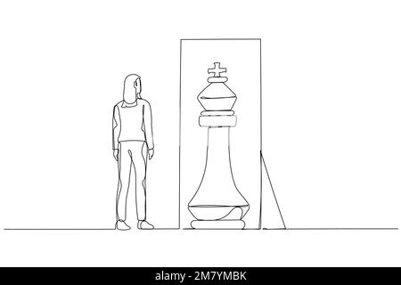 Dessin d'une femme d'affaires debout devant le miroir voyant le roi intérieur pièce d'échecs concept de mentalité positive. Un seul dessin au trait continu Illustration de Vecteur