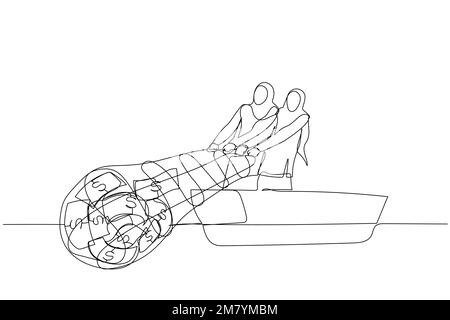 Caricature de femme musulmane essayer d'obtenir de l'argent avec le concept net de profit financier. Design de style art à une ligne Illustration de Vecteur