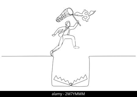 Caricature d'homme d'affaires essayer de prendre le dollar volant par-dessus le trou du piège. Un design de style art continu Illustration de Vecteur
