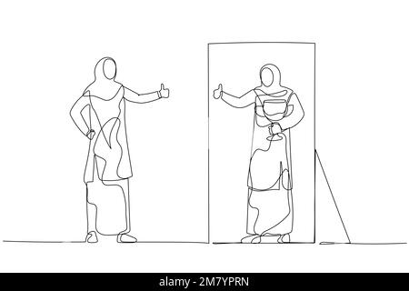 Dessin animé de femme porter hijab regardant dans le miroir de soi donnant le pouce vers le haut concept de l'amour de soi. Design de style art simple Illustration de Vecteur