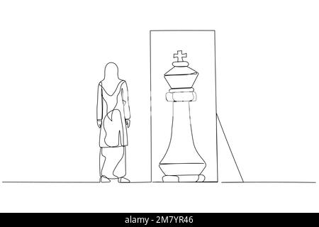 Caricature de femme porter hijab debout devant le miroir voyant le roi intérieur pièce d'échecs concept de mentalité positive. Design de style art simple Illustration de Vecteur