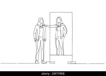 Dessin de femme d'affaires regardant dans le miroir embrasser le concept de soi de l'estime de soi soins de soi. Design de style art à une ligne Illustration de Vecteur