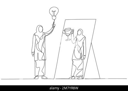 Dessin de femme porter hijab ayant ide ampoule regardant dans le miroir ont réflexion tenant trophée. Un design de style art continu Illustration de Vecteur