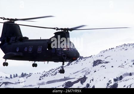 Vue du côté droit d'un hélicoptère Marine CH-53 Sea Stallion depuis la base aérienne Naval Fallon, Nevada, atterrissage pendant un exercice d'entraînement. État : Californie (CA) pays : États-Unis d'Amérique (USA) Banque D'Images