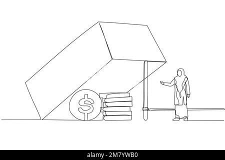 Caricature de femme d'affaires musulmane essayant d'atteindre le profit du dollar dans le piège métaphore du risque commercial. Design de style art simple Illustration de Vecteur