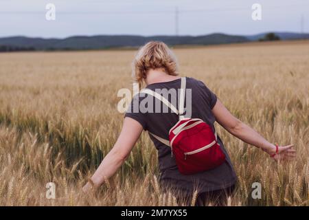 Une femme marche dans le champ de blé, caressant la main du blé, Balassagyarcat, Hongrie Banque D'Images