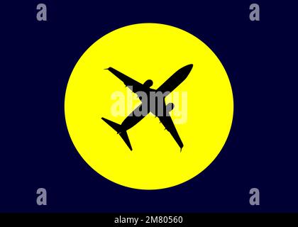 silhouette noire de l'avion contre le soleil jaune dans le ciel sombre Banque D'Images