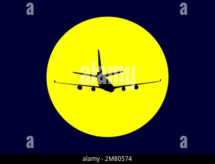 silhouette noire de l'avion contre le soleil jaune dans le ciel sombre Banque D'Images