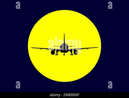 silhouette noire de l'avion contre le soleil jaune dans le ciel sombre Banque D'Images