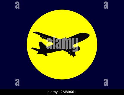 silhouette noire de l'avion contre le soleil jaune dans le ciel sombre Banque D'Images