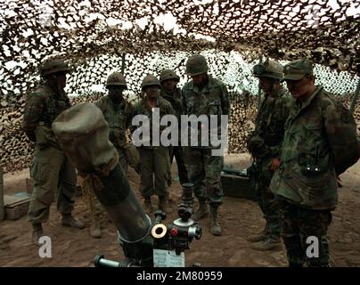 Le Brigadier-général John Quinn (au centre) visite des membres de la section de mortier 4,2 de la Compagnie de soutien au combat, 1st Bataillon, 35th infanterie, 25th Division d'infanterie, au cours de leur exercice annuel d'entraînement à l'artillerie. Base: Pohakuloa zone d'entraînement État: Hawaï (HI) pays: Etats-Unis d'Amérique (USA) Banque D'Images