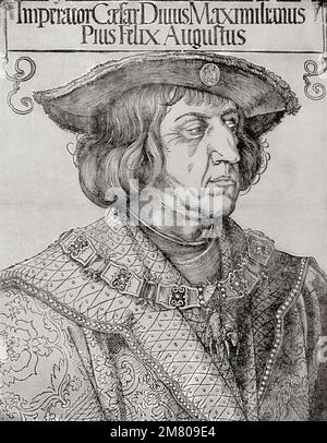 Maximilien I, 1459 – 1519. Roi des Romains de 1486 et Saint empereur romain de 1508 jusqu'à sa mort, après une œuvre d'Albrecht Dürer, 1471 – 1528, parfois orthographié en anglais comme Durer. Peintre allemand, graveur et théoricien de la Renaissance allemande. De Albrecht Dürer, Sein Leben und eine Auswahl seiner Werke ou sa vie et une sélection de ses œuvres, publié en 1928. Banque D'Images