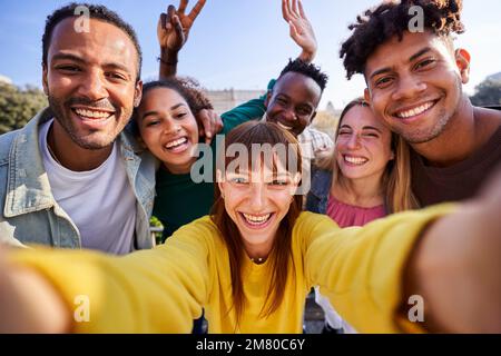 Groupe multiethnique d'amis prenant un selfie en plein air, s'amusant par temps ensoleillé. Banque D'Images