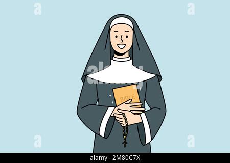 Une nonne souriante en robe traditionnelle tenant la bible et le rosaire entre les mains. Bonne sœur religieuse avec lits. Foi et religion. Illustration vectorielle. Illustration de Vecteur