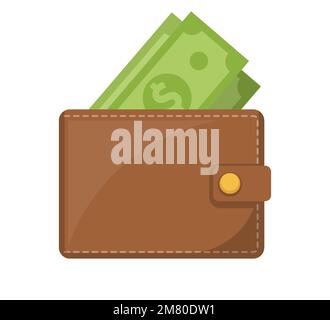Icône porte-monnaie. Portefeuille marron avec argent vert. Porte-monnaie avec billet d'argent en dollars. Illustration vectorielle. SPE 10. Illustration de Vecteur