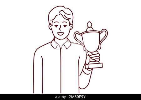 Un homme d'affaires souriant tenant le trophée d'or entre les mains célèbre la victoire ou la victoire. Un homme heureux avec un prix d'or. Succès et réalisation. Illustration vectorielle. Illustration de Vecteur