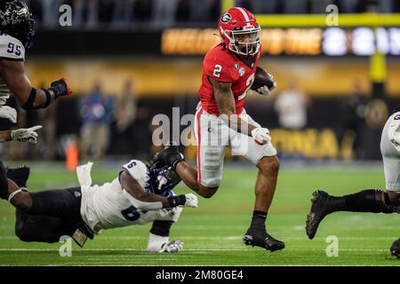 Georgia Bulldogs qui revient Kendall Milton (2) dirige le ballon pendant le championnat national de football américain College Playoff contre les grenouilles à cornes TCU, Banque D'Images