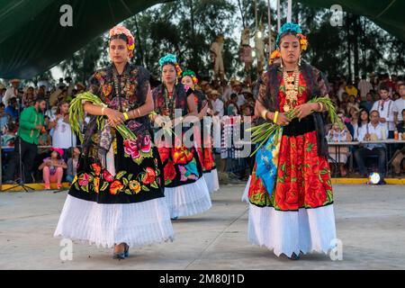 Des danseurs de Juchitan de Saragosse effectuent une danse traditionnelle au Guelaguetza à San Antonino Castillo Velasco, Oaxaca, Mexique. Leurs costumes sont Banque D'Images