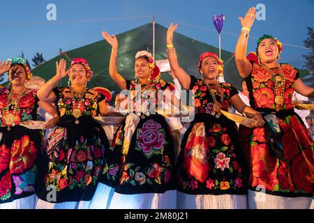 Des danseurs de Juchitan de Saragosse effectuent une danse traditionnelle au Guelaguetza à San Antonino Castillo Velasco, Oaxaca, Mexique. Leurs costumes sont Banque D'Images