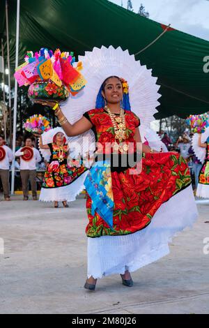 Des danseurs de Juchitan de Saragosse effectuent une danse traditionnelle au Guelaguetza à San Antonino Castillo Velasco, Oaxaca, Mexique. Leurs costumes sont Banque D'Images