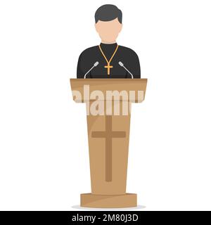 Prêtre donnant le discours de Tribune. Prédicateur catholique. Pasteur serviteur de dieu en cassock. Illustration vectorielle. SPE 10. Illustration de Vecteur