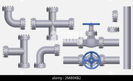 Collection de tuyaux métalliques. Conduites en acier, tubes en plastique, vannes et brides, purges d'eau. Concept de système de connexion. Illustration vectorielle. SPE 10. Illustration de Vecteur