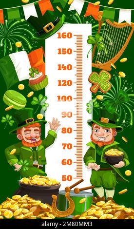 Tableau des hauteurs pour enfants. Cartoon leprechauns avec de l'or. Mesure de la croissance avec les lixivières drôles de pièces de monnaie, fer à cheval et tambour, shamrock, drapeau irlandais et Saint Patrick bonbons de fête Illustration de Vecteur