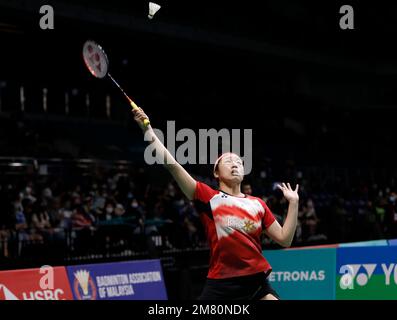 Kuala Lumpur, Malaisie. 11th janvier 2023. Un jeune se de Corée joue contre Malvika Bansod de l'Inde lors du match unique des femmes du Petronas Malaysia Open 2023 à Axiata Arena. Un Jeune se de Corée a gagné avec des scores; 21/21 : 9/13 crédit: SOPA Images Limited/Alay Live News Banque D'Images