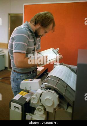 Un technicien surveille un imprimé informatique tout en testant les circuits électriques d'un système de guidage de contrôle de missiles balistiques intercontinentaux de garde-paix MGM-118 (anciennement MX). Base: Vandenberg Air Force base État: Californie (CA) pays: États-Unis d'Amérique (USA) Banque D'Images