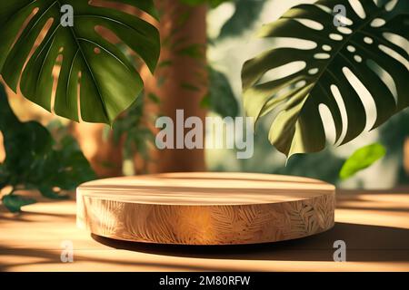 Podium de produits avec feuilles de monstère vertes. La vitrine du produit se dresse sur un fond vert, rendu 3D Banque D'Images