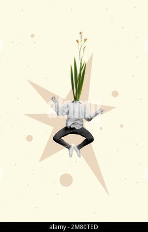 Image de collage vertical de noir blanc effet gars volant méditer plante florale en croissance au lieu de la tête isolée sur fond peint Banque D'Images