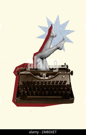 Montage photo vertical créatif illustration des jambes de femme coincé dans le clavier mécanique histoire roman isolé sur fond blanc couleur Banque D'Images