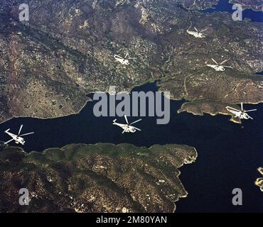 Vue avant gauche aérienne de six hélicoptères SH-3 Sea King de l'Escadron 12 (HS-12). Pays : inconnu Banque D'Images