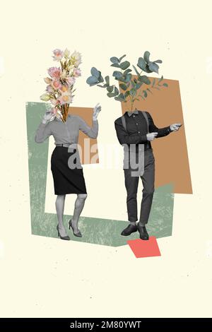 Collage vertical de deux personnes dansantes à effet noir blanc qui refroidissent les fleurs au lieu de la tête isolée sur fond peint Banque D'Images