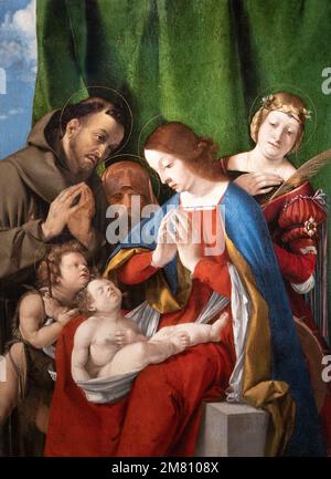 'Madonna avec l'enfant et les saints', peinture de Lorenzo Lotto de la haute époque de la Renaissance italienne, 16th siècle, 1508, Venise. Musée Czartoryski Banque D'Images