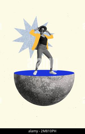 Portrait de collage vertical de personne gamma noir blanc peu positif demi-grande lune dansant isolée sur fond de dessin Banque D'Images