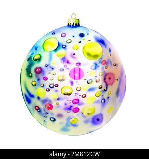 Boule de Noël magique à l'aquarelle vectorielle, boule de Noël peinte multicolore, bonne année et joyeux Noël ! Illustration de Vecteur