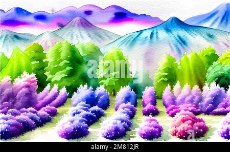 Paysage d'aquarelle vectoriel avec des arbres de montagne et lilas, illustration printanière avec couleur pourpre vive Illustration de Vecteur