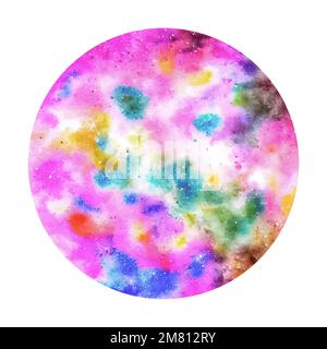Galaxy aquarelle peinture éclaboussures, fantaisie scientifique, cosmos céleste. Beauté bleu, rose et violet astrologie cercle fond Illustration de Vecteur