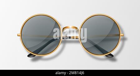 Vector 3D Realistic Round Frame lunettes Icon isolé. Cadre métallique jaune doré. Lunettes de soleil noires transparentes pour femmes et hommes, accessoire Illustration de Vecteur