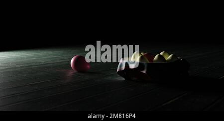 3d rendu des oeufs dans un panier avec éclairage à touches basses et toile plaquée sur une table en bois rabotée. Banque D'Images