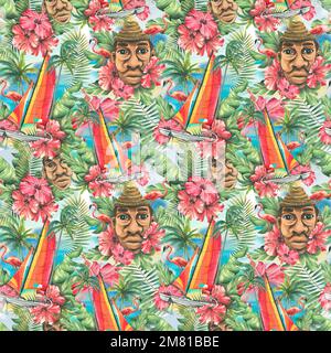 Un motif tropical sans couture avec un voilier, des fleurs, des feuilles de palmier, des flamants roses et un homme latin. Aquarelle, lumineuse, juteuse, été Banque D'Images