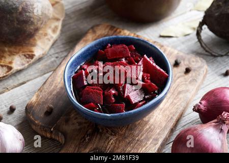 Kvass de betterave rouge probiotique maison dans un bol avec oignons, oignons et épices Banque D'Images