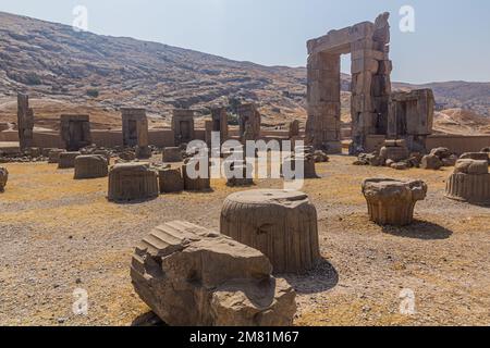 Ruines du Palais de 100 colonnes dans l'ancienne Persepolis, Iran Banque D'Images