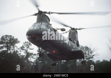 Vue du côté droit d'un hélicoptère CH-46 Sea Knight du Marine Medium Helicopter Squadron 365 (HMM-365), lors d'un soulèvement de troupes entre la zone d'atterrissage du côté principal et la zone d'atterrissage des opérations. Base : base du corps marin, Camp Lejeune État : Caroline du Nord (NC) pays : États-Unis d'Amérique (USA) Banque D'Images