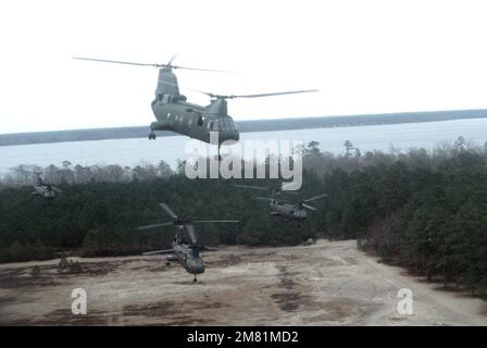 Vue de face droite de trois hélicoptères CH-46 Sea Knight de l'escadron d'hélicoptères Marine Medium 365 (HMM-365), pendant un soulèvement de troupes entre la zone d'atterrissage du côté principal et la zone d'atterrissage des opérations. Base : base du corps marin, Camp Lejeune État : Caroline du Nord (NC) pays : États-Unis d'Amérique (USA) Banque D'Images