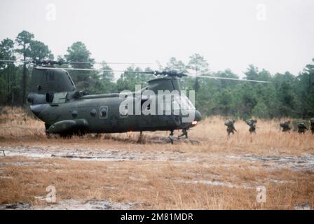 Vue du côté droit d'un hélicoptère CH-46 Sea Knight de l'escadron d'hélicoptères Marine Medium 365 (HMM-365), pendant un soulèvement de troupes entre la zone d'atterrissage du côté principal et la zone d'atterrissage des opérations. Base : base du corps marin, Camp Lejeune État : Caroline du Nord (NC) pays : États-Unis d'Amérique (USA) Banque D'Images